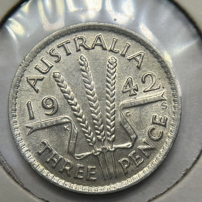 1942 s Threepence Coin - Uncirculated - Silver George VI Predecimal