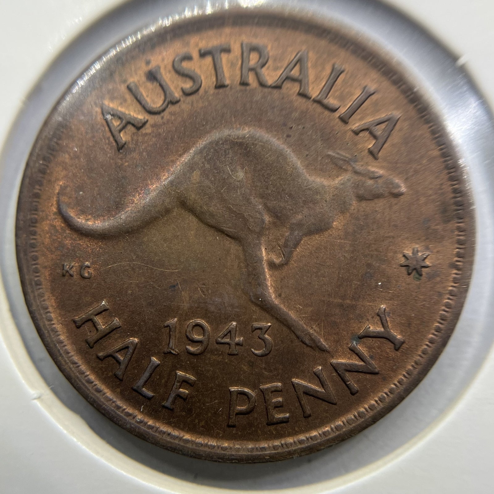 1943 Half Penny Coin - Uncirculated Red - George VI Predecimal Australian