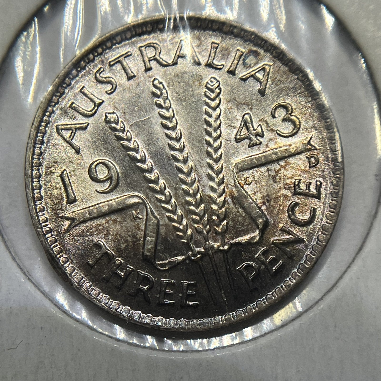 1943 d Threepence Coin - Choice Uncirculated Toned - Silver George VI Predecimal