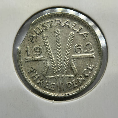 1962 Threepence Error Coin - Clipped Planchet Rim Bite Fine - Silver