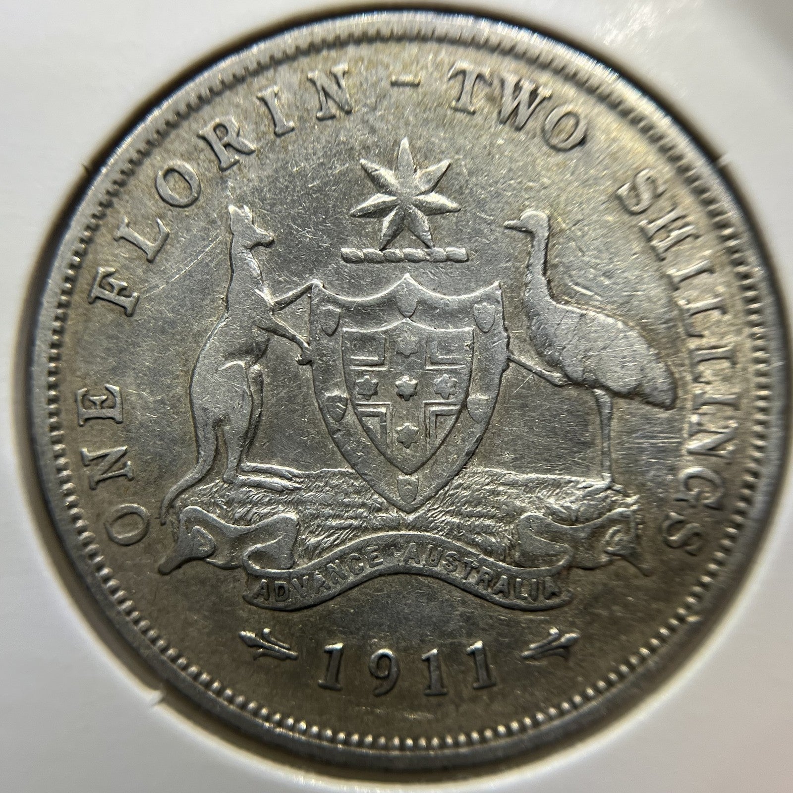1911 Florin Coin - good Fine - Scarce Date George V Silver Australian