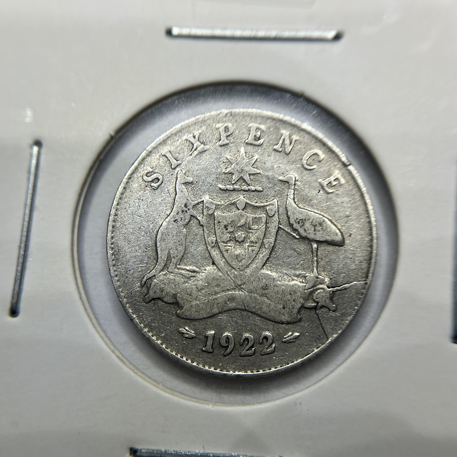 1922 Sixpence Coin - Good - 2 large Die Cracks Error George V Silver Australian