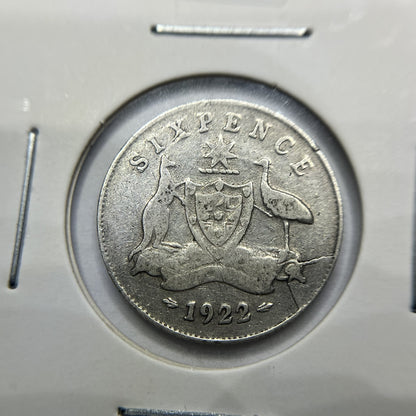 1922 Sixpence Coin - Good - 2 large Die Cracks Error George V Silver Australian