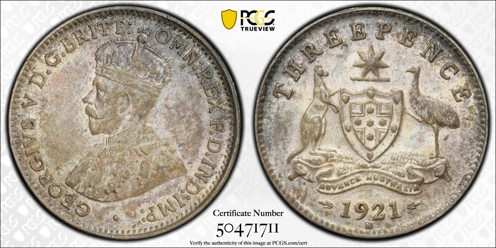 1921 m Threepence Coin - PCGS MS62 - Uncirculated Graded George V Silver