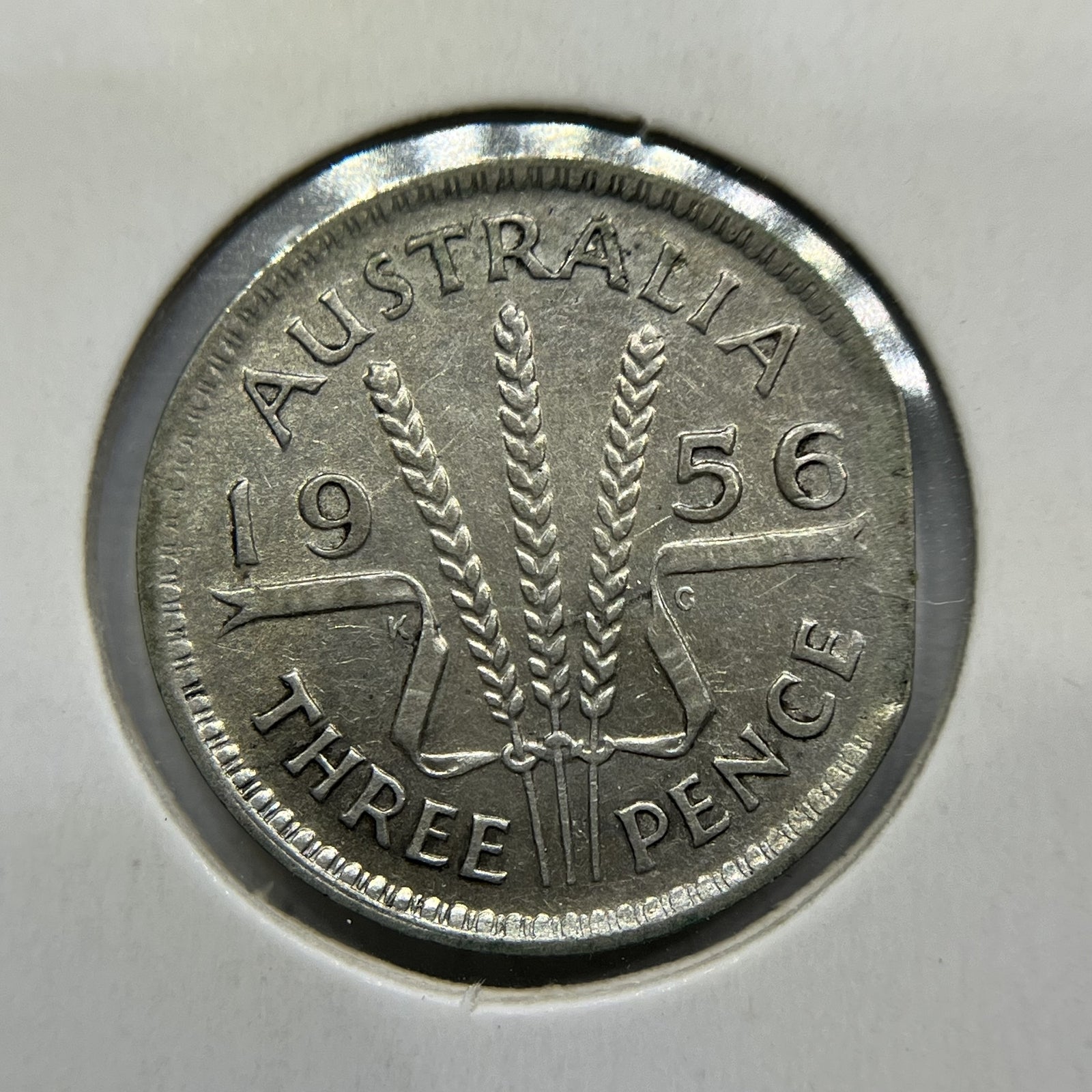 1956 Threepence Error Coin - Straight Clipped Planchet Rim Bite - Silver