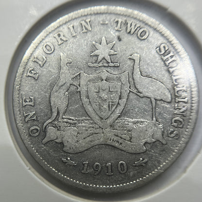 1910 Florin Coin - almost Fine - Edward VII Silver Predecimal First Year Issue
