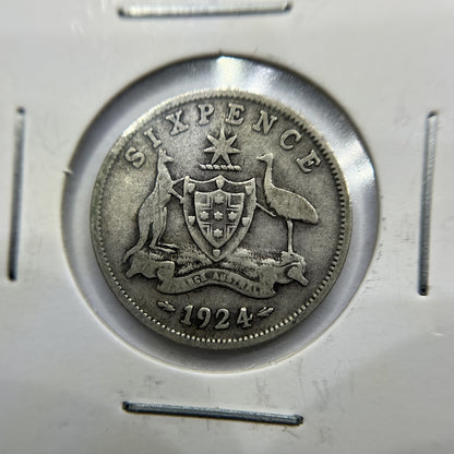 1924 Sixpence Coin - Very Good - George V Silver Predecimal Australian