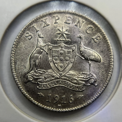 1916 Sixpence Coin - Almost Uncirculated