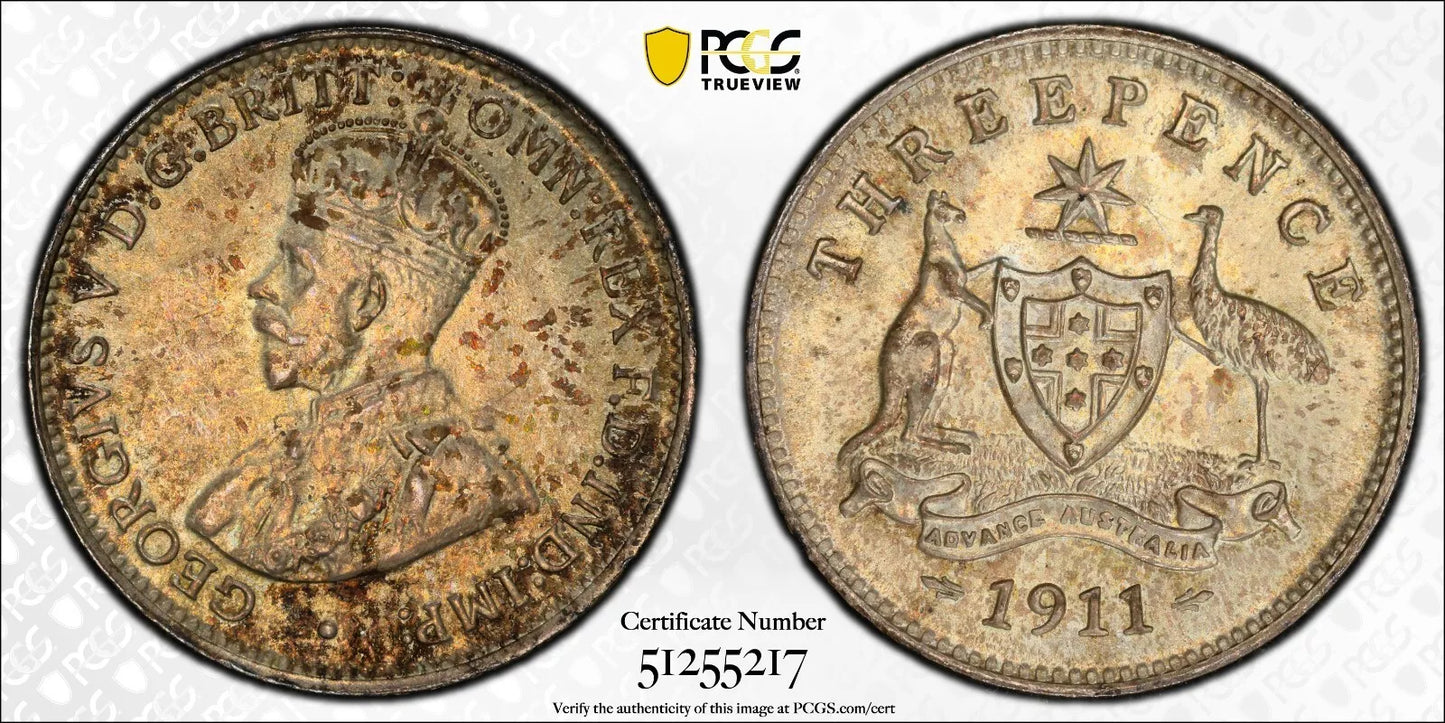 1911 Threepence Coin - PCGS MS63