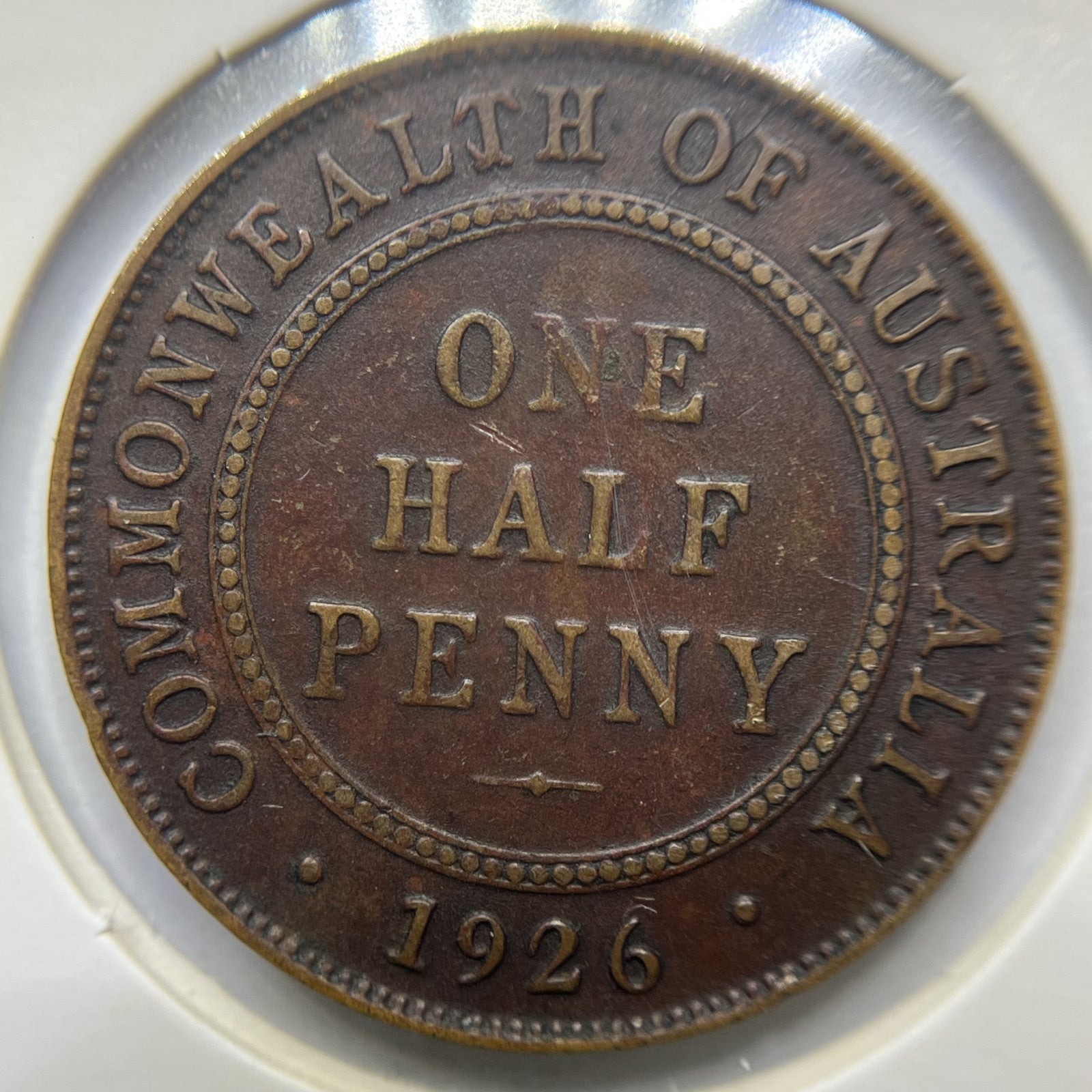 1926 Half Penny Error Coin - Half Moon and Pigtail Fine - George V