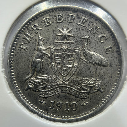 1910 Threepence Coin - almost Extremely Fine - Edward VII Silver First Year