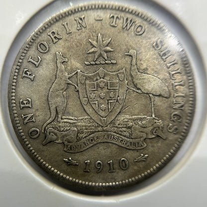 1910 Florin Coin - almost Fine - Edward VII Silver Predecimal First Year Issue