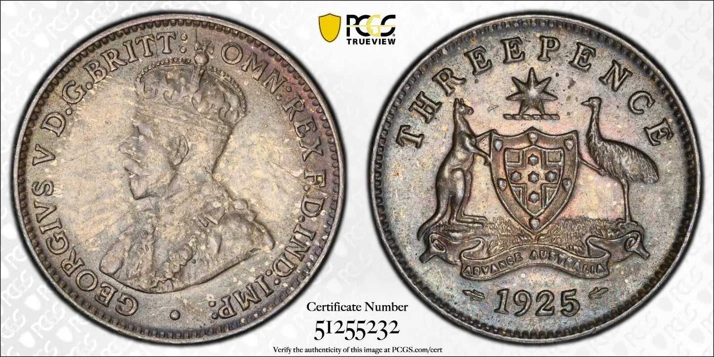 1925 (m,sy) Threepence Coin - PCGS MS62