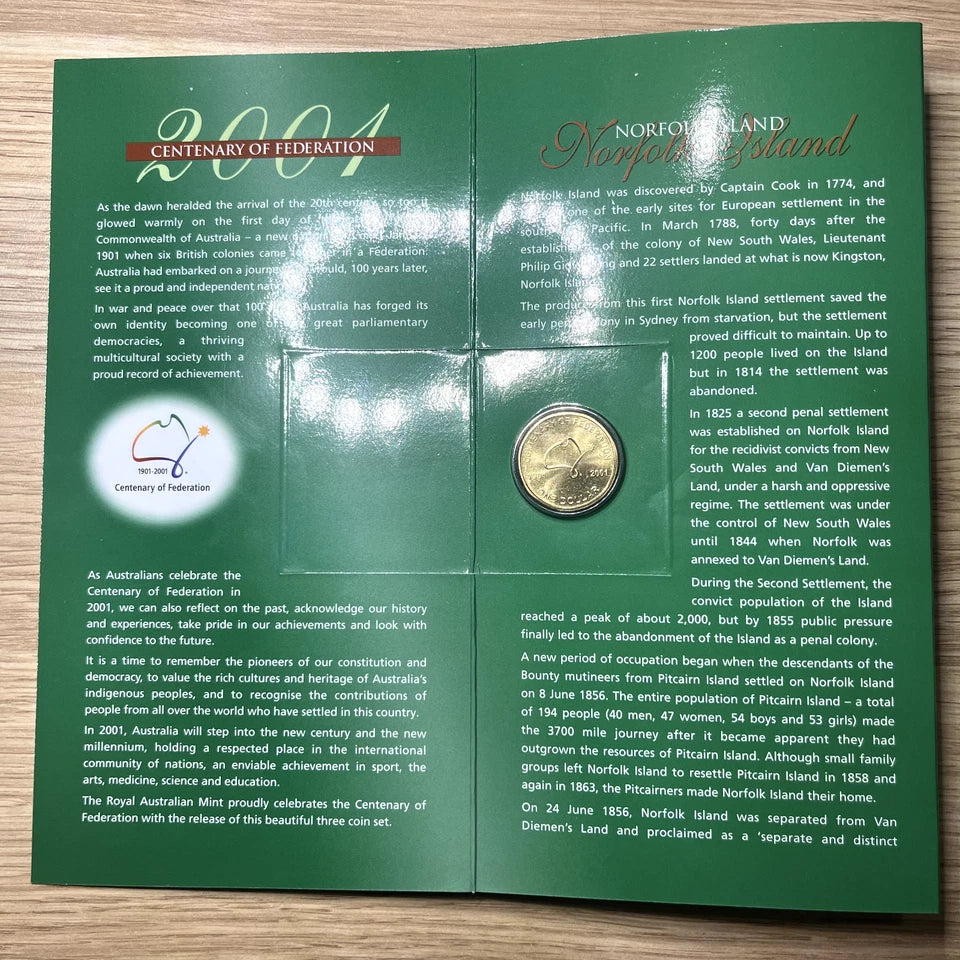 2001 Norfolk Island Three Coin Set - 20c 50c & $1 - Unc in RAM Folder Federation