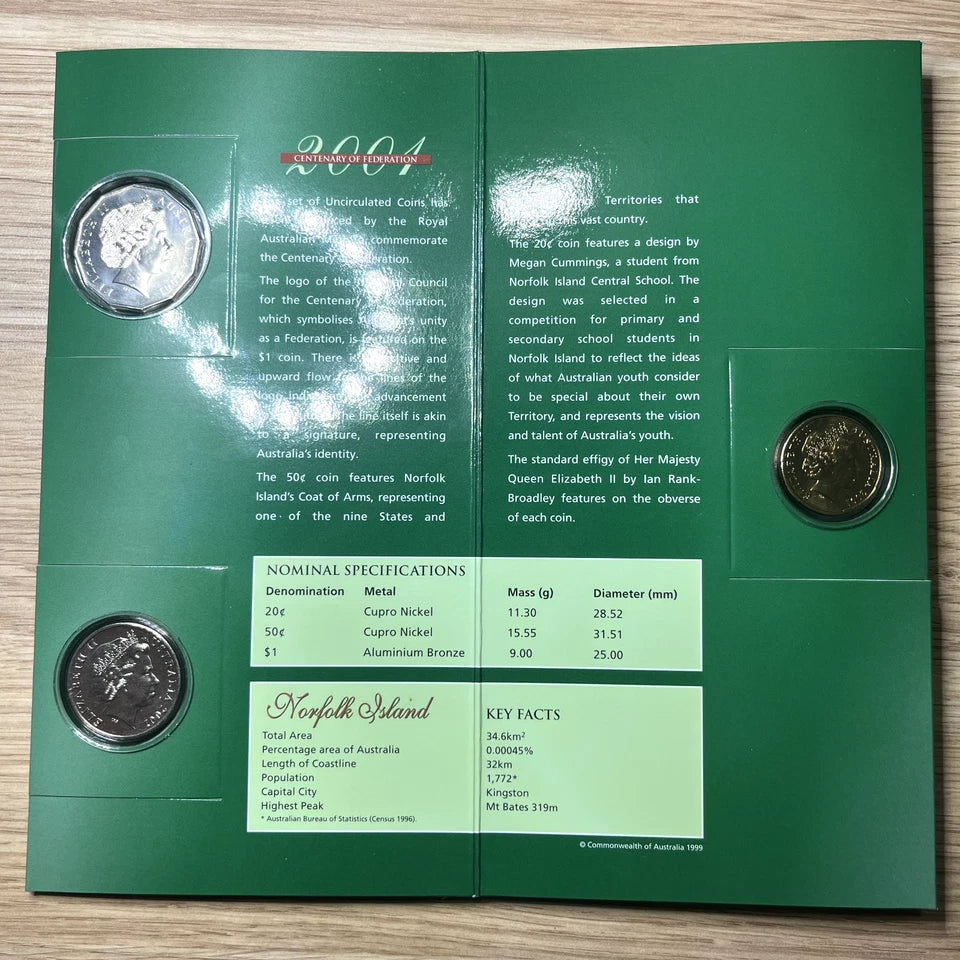 2001 Norfolk Island Three Coin Set - 20c 50c & $1 - Unc in RAM Folder Federation