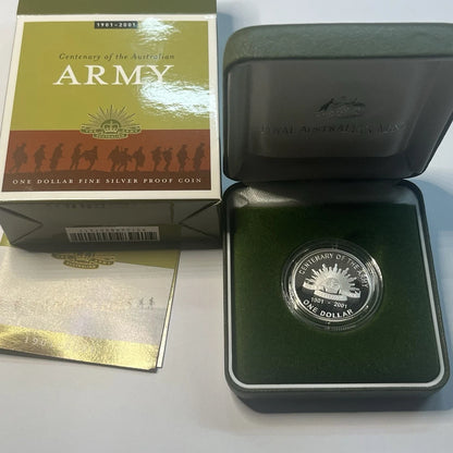 2001 Silver One Dollar Coin - Centenary of Australian Army - Proof RAM Case