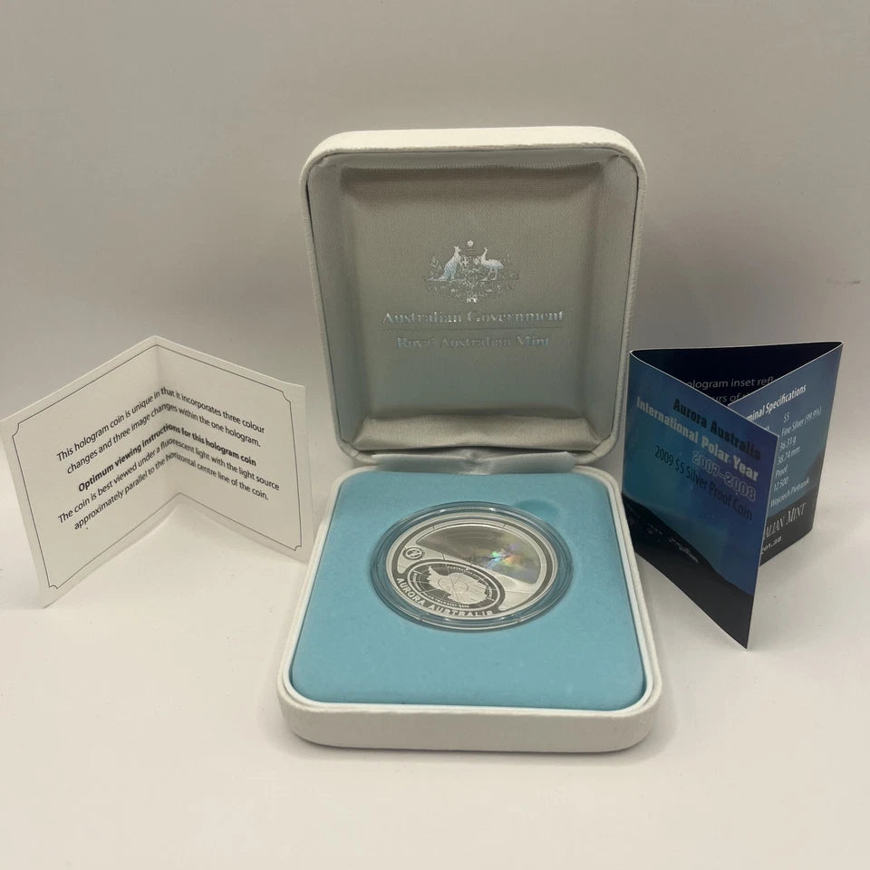 2009 Silver Five Dollar Coin - Polars Aurora Australis Hologram - Proof RAM Case